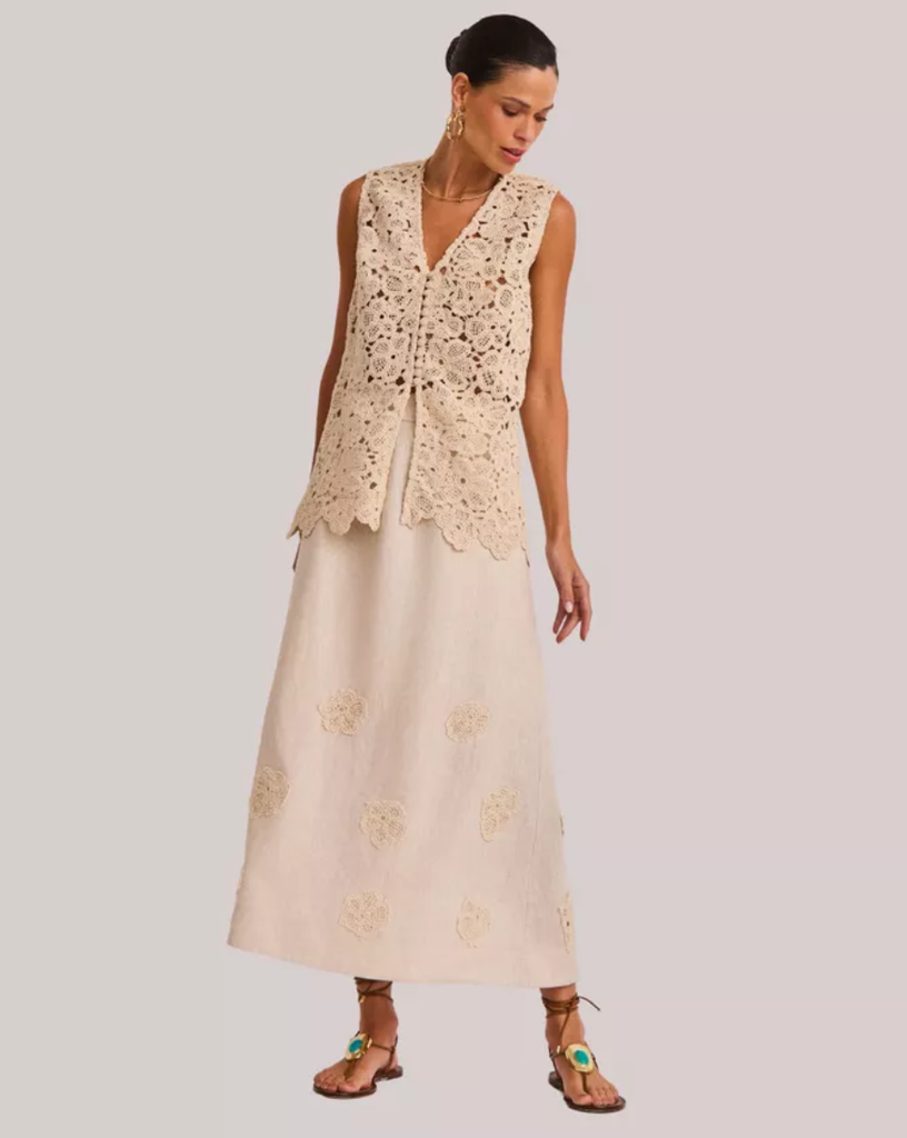 Saia Longa Kemily  de Linho Puro Godê com Barrado | Raizz