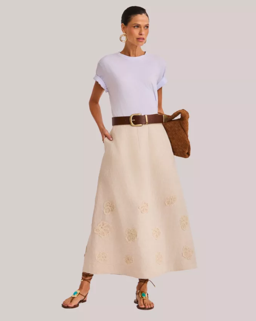 Saia Longa Kemily  de Linho Puro Godê com Barrado | Raizz