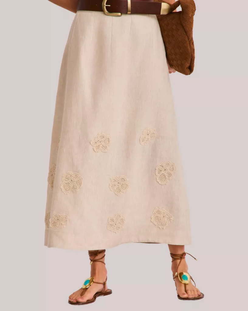 Saia Longa Kemily  de Linho Puro Godê com Barrado | Raizz